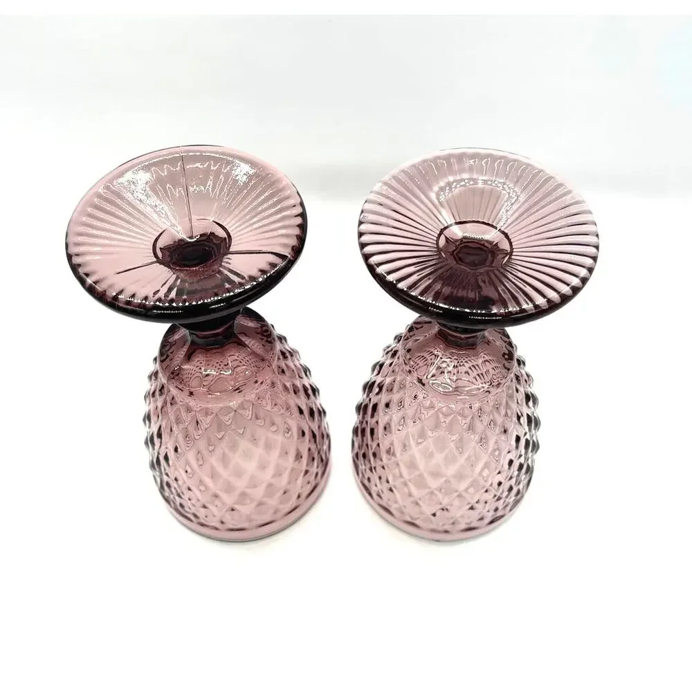 Vintage Glass Diamond Pattern Stemmed Purple / Plum Set of 2 Water Goblets 6.75
